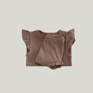 Baby summer ribbed cotton flying-sleeve top and shorts set toddler cute outfit daily wear