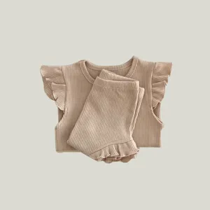Summer baby ribbed cotton fly sleeve top and shorts set detail, comfortable infant clothing.