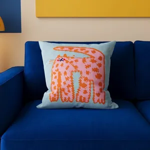 Cute cartoon sofa throw pillow cover featuring a whimsical pink cat print for living room bed.