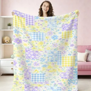 Άνετη φλις κουβέρτα με λουλουδάτο patchwork, μαλακό ρίχτι φανέλας για κρεβάτι και καναπέ.