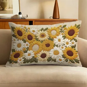 Rectangular sunflower embroidered cushion cover detail showcasing floral design for sofa.