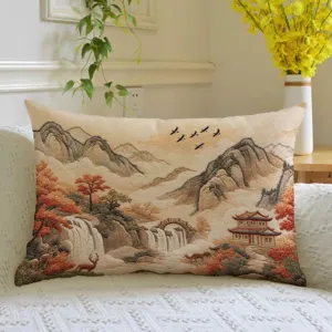 Chinese landscape long throw pillow traditional architecture print soft sofa bolster decor