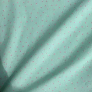 Mint green fabric with pink stars, Korean style macaron tablecloth, ideal for DIY crafts.