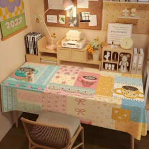 Elegante Dopamin-Stil Flanell Tischdecke Bunte Kaffeetasse Blumenmuster Bedruckte Schreibtischunterlage Spitzenbesatz Tischdecke Für Esszimmer Arbeitszimmer Büro Dekoration