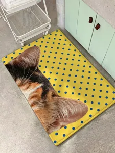Close-up detail of the cute cat polka dot carpet, soft fluffy texture, bedroom mat.