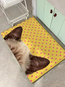 Cute cat ear polka dot rug, yellow soft cashmere floor mat detail for bedroom bedside.