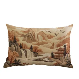 Traditional Chinese landscape print long throw pillow, soft architectural bolster for sofa decor
