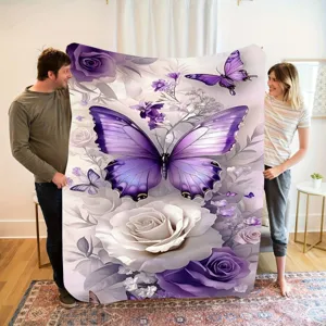 Dreamy purple rose butterfly flannel blanket soft cozy warm throw for bedroom sofa