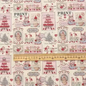 Detailed close-up view of retro cute cartoon rabbit and strawberry printed fabric.
