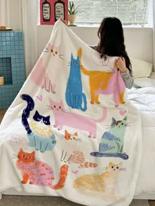 Detailweergave van de fleeceken met kattenmotief, zachte textuur en kleurrijke illustratie.