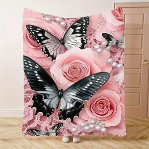Dreamy Purple Rose Butterfly Printed Flannel Blanket Warm Soft Fleece Throw For Bedroom Sofa Couch Nap Girly Floral Decor Blanket