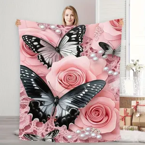 Pink rose butterfly print flannel blanket soft warm throw for bedroom sofa couch nap