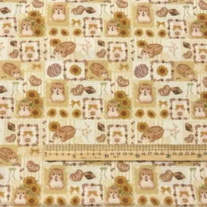 Close-up detail of cute retro cartoon hamster printed cotton fabric, perfect for DIY sewing and crafts.