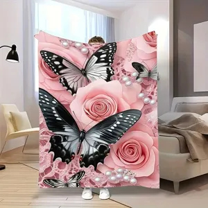 Pink rose butterfly print flannel blanket soft cozy warm throw for bedroom sofa nap