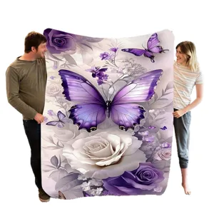 Dreamy purple rose and butterfly print flannel throw blanket for cozy bedroom sofa nap use.