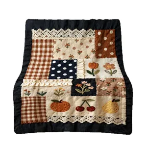 Vintage Maillard patchwork flannel blanket with floral and fruit embroidery, cozy nap throw.