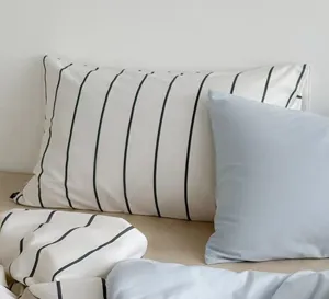Close-up detail of minimalist striped throw pillow and soft blue cushion on bed headboard.