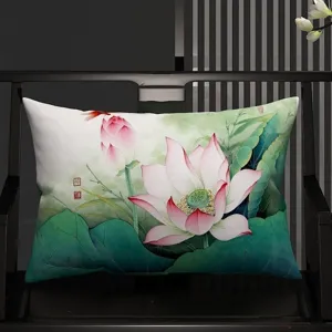 New Chinese Style Lotus Lumbar Pillow Case Retro Ink Wash Painting Plush Throw Pillow Cover For Sofa Chair Office Home Decor