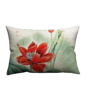 Chinese style red lotus throw pillow decorative lumbar cushion for sofa chair home decor