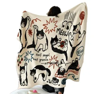 Vintage doodle cat flannel blanket, cozy soft throw for bedroom, dorm, and office nap use.