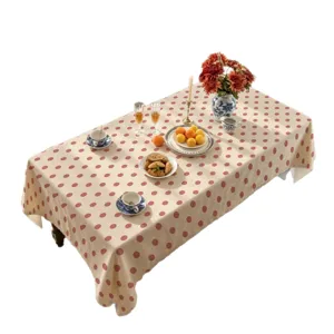 Vintage red polka dot tablecloth for dining table, elegant cotton linen table cover decor.