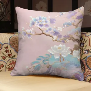 Chinese style lotus printed plush throw pillow, elegant pink decorative cushion for sofa.