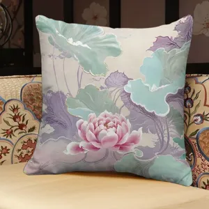 Lotus pink Chinese style lotus print throw pillow elegant plush cushion for sofa decor