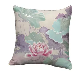 Lotus pink Chinese style lotus print plush cushion for living room sofa elegant back pillow