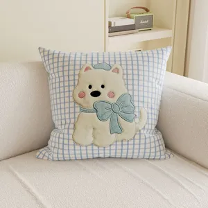 Cream Style Plaid Dog Embroidered Cushion Soft Plush Throw Pillow For Sofa Bedroom Office Chair Decorative Support Pillow With PP Cotton Filling
