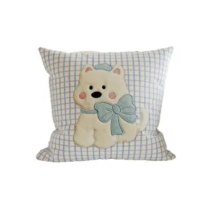 Cute blue checkered throw pillow with embroidered puppy design, perfect for home and office sofa decor.
