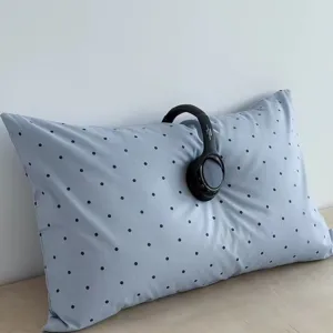 Detailed view of the Korean style blue polka dot pillow, soft fabric ideal for cozy room decor.