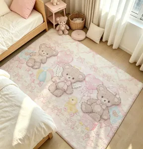 Suave alfombra de felpa con osito vintage, alfombra rosa estética y mullida para el dormitorio.