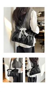 Borsa a tracolla pieghettata stile coreano sotto l'ascella con fiocco in perle di pizzo donna