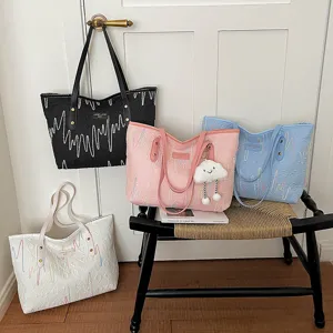 Bolso Tote de Cuero PU para Mujer Gran Capacidad Con Colgante de Nube Bolso de Hombro con Bordado de Ondas Bolso de Mano Versátil para Viaje