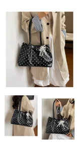 Borsa a tracolla nera a pois con dettaglio di fiocco in pizzo, elegante borsa tote.