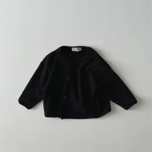 Infant black ribbed knit cardigan, baby crewneck single-breasted casual spring top detail.