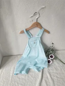Baby girl cotton gauze checkered romper detail view, summer lightweight cute blue baby outfit
