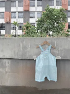 Baby summer cotton gauze plaid overalls in light blue, featuring cute chest pocket and straps.