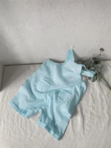 Infant baby girl summer checkered thin cotton gauze overalls with double pockets and straps.