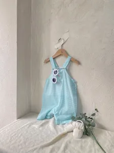 Infant baby girl summer thin cotton gauze blue gingham overalls romper, cute baby apparel.