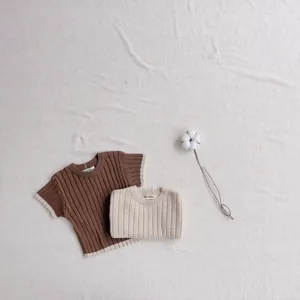 Ensemble pull en tricot fin bébé printemps été haut manches courtes couleur contrastée