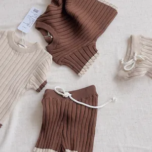 Bebe printemps ete ensemble pull manches courtes et short en tricot vetements enfants