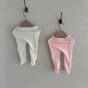 Nourrisson Bébé Filles Mignon Garniture En Dentelle Leggings Avec Pieds Doux Coton Tout-Petits Décontracté Taille Élastique Pantalon Long