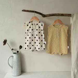 Infant sleeveless summer romper detail, cute polka dot and yellow plaid cotton baby jumpsuit.