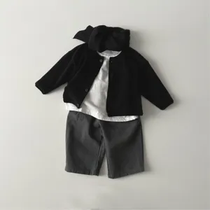 Baby infant solid color rib cardigan white t-shirt dark gray pants casual outfit set detail