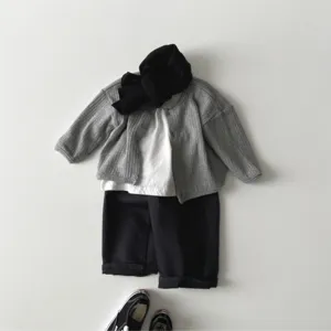 Toddler ribbed knit cardigan set detail view, soft cotton baby clothes outfit for boys and girls.