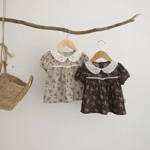 Baby Mädchen Sommer Bluse Blumenmuster Kurzarm Süße Spitze Puppenkragen Vintage Oberteil