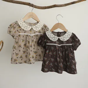 Kleinkind Baby Mädchen Sommer Kurzarm Blumen Puppenhemd süße Spitzenkragen Bluse