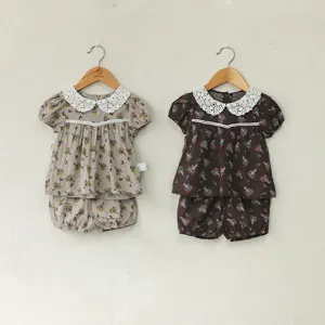 Baby Mädchen Sommer Top und Hose Kurzarm Floral Puppenkragen Hemd und Laternen Shorts Baumwollmischung Outfit Set