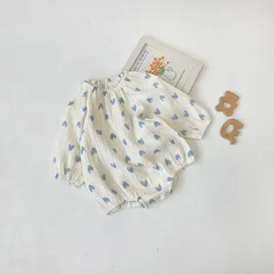 Cute baby cotton gauze romper with blue hearts long sleeve newborn infant jumpsuit 0-24m